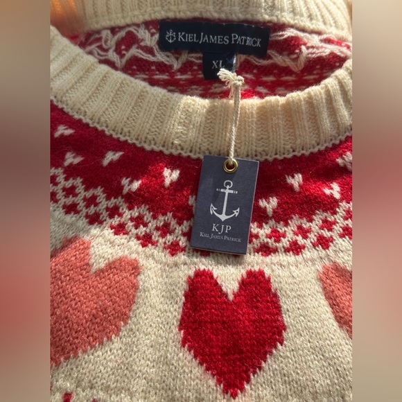 NWT Kiel James Patrick Heartwarmer in Ivory Pink Red Heart Wool Sweater XL - Picture 5 of 12